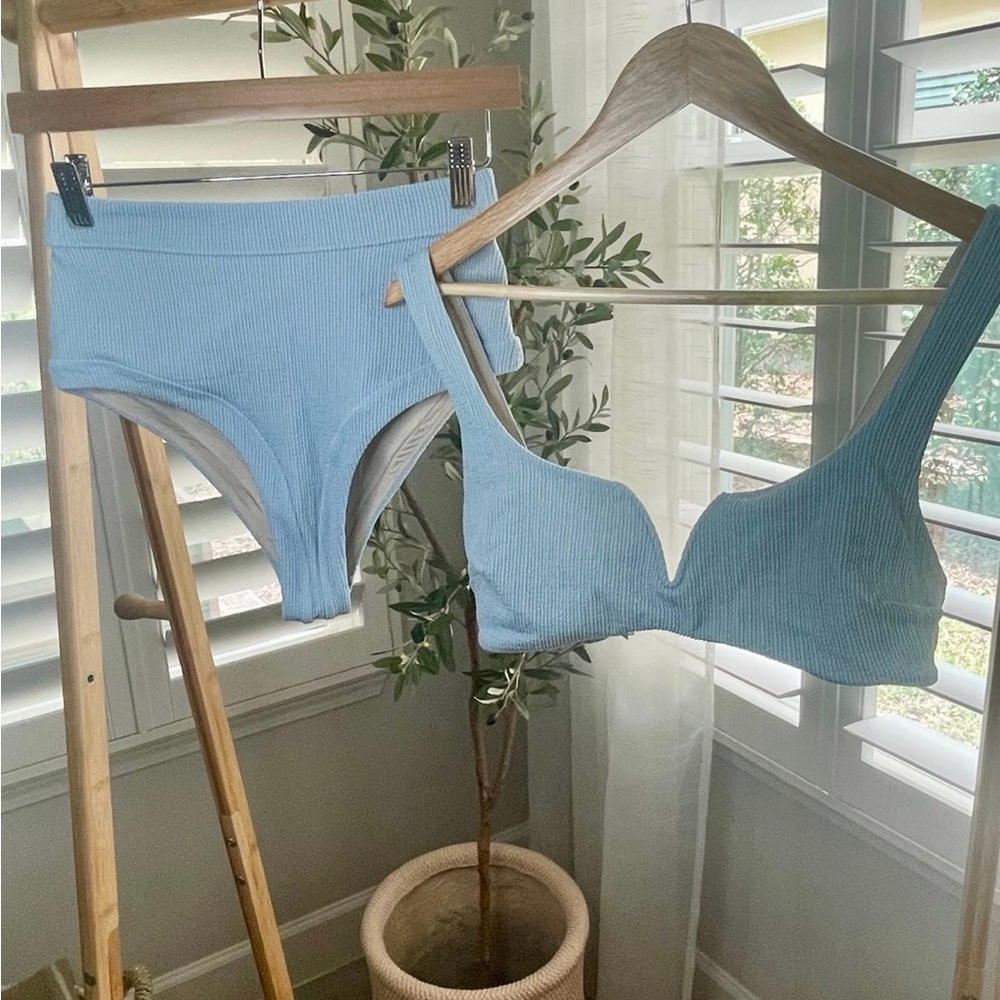 Wanderlust Elce Swim Sky Blue Ribbed High Waisted Bikini Set - Large